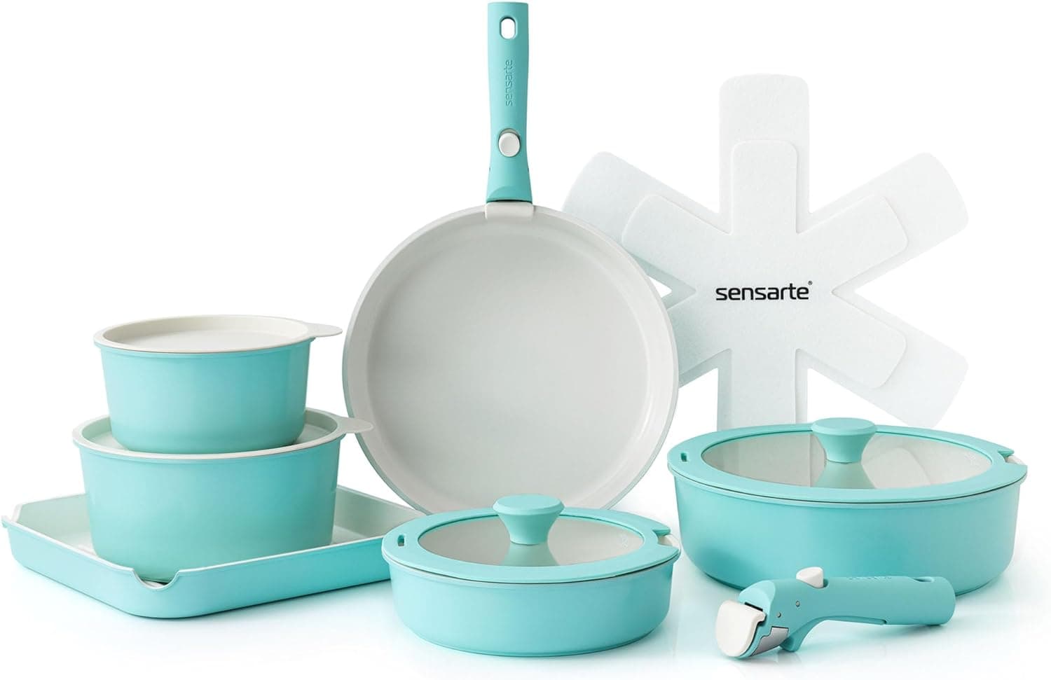 Product image: SENSARTE 17 Piece Ceramic Pots and Pans Set, Nonstick Detachable Handle Cookware, Induction Kitchen Cookware Set with Removable Handle, Dishwasher & Oven Safe (Turquoise)