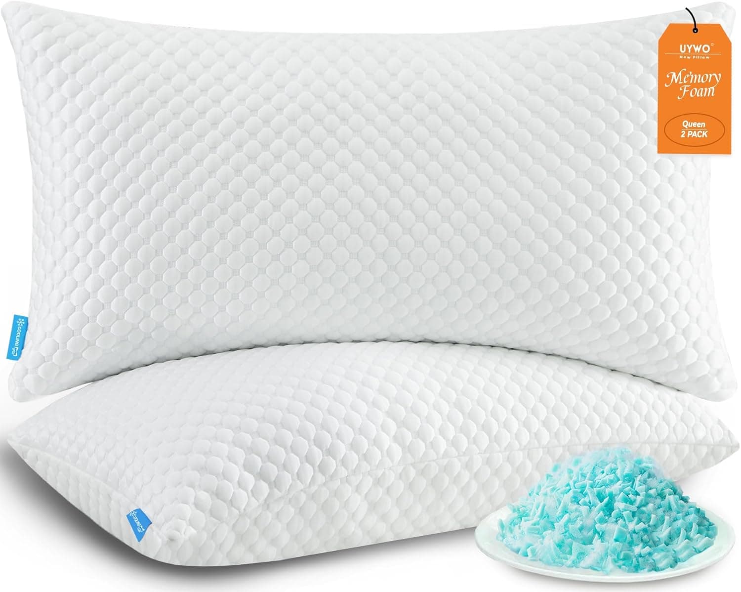 Product image: Cooling Pillows Queen Size Set of 2, Memory Foam Pillows with Zipper, Firm Bed Pillows Adjustable for Hot Side Back Stomach Sleepers