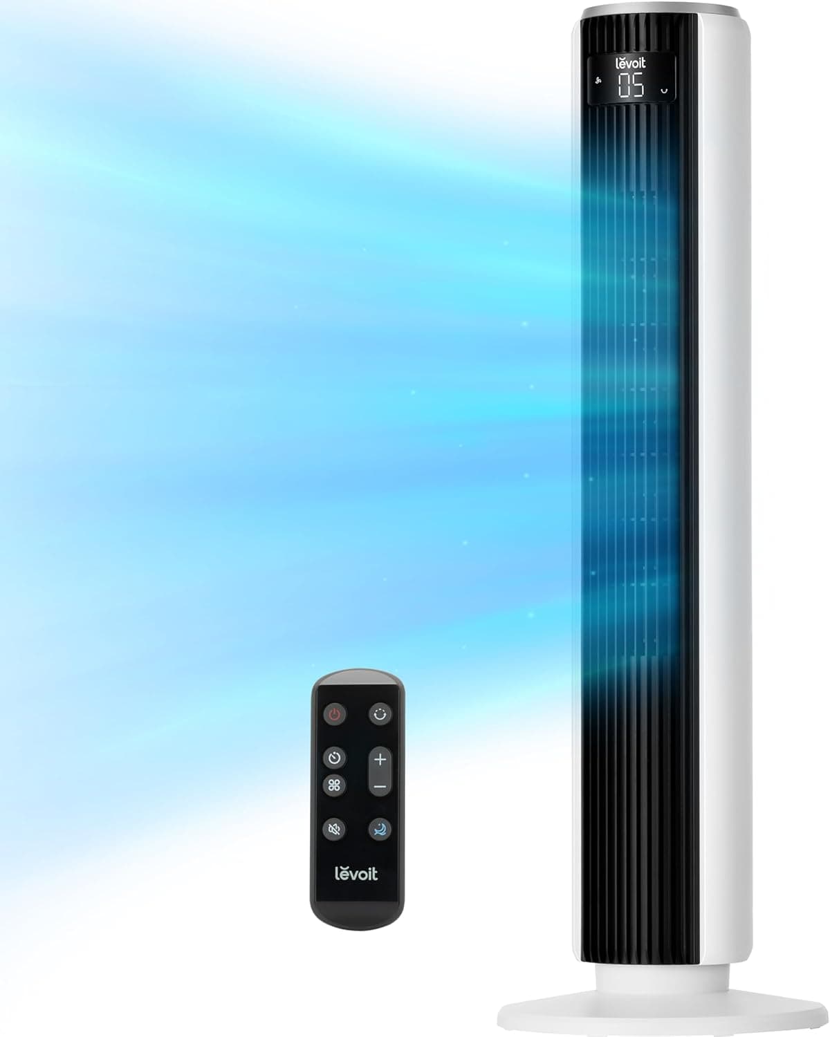 Product image: LEVOIT - Tower Fan for Bedroom - Quiet for Sleep - 4 Modes/5 Speeds/12H Timer - 25ft/s Velocity - 36 inch Standing fan with Remoter - 90° Oscillation for Home/Office/Indoor/Bladeless White